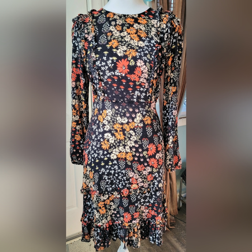 Kachel X Anthropologie Gula Floral Mini Dress Womens 2 Black & Multi Long Sleeve